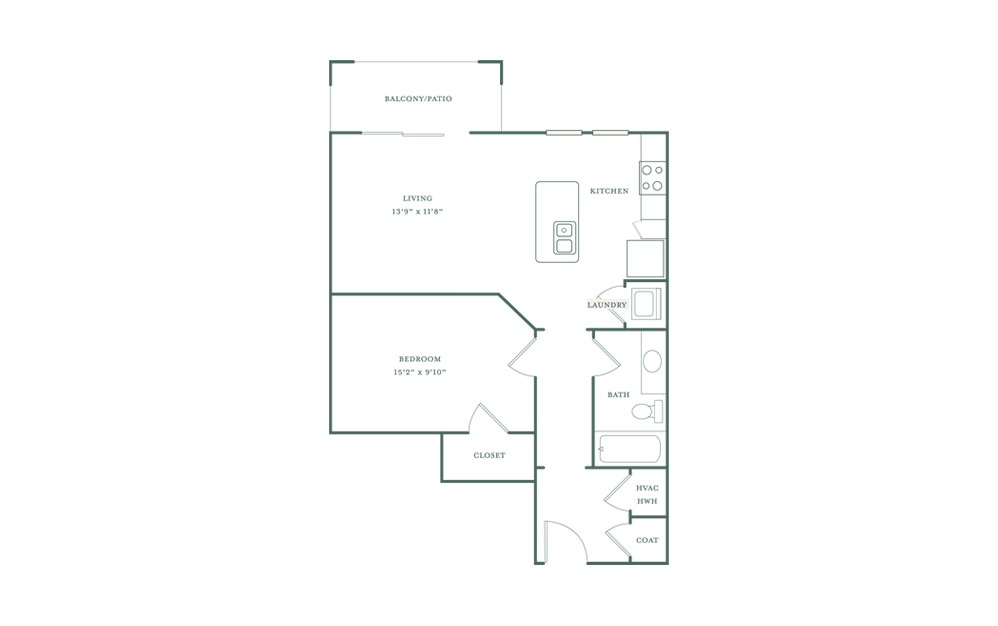 Alleghany - Studio floorplan layout with 1 bath and 722 square feet.