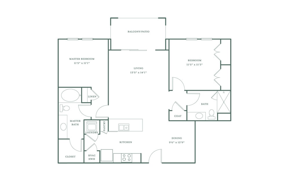 Lassiter - 2 bedroom floorplan layout with 2 baths and 1060 square feet.