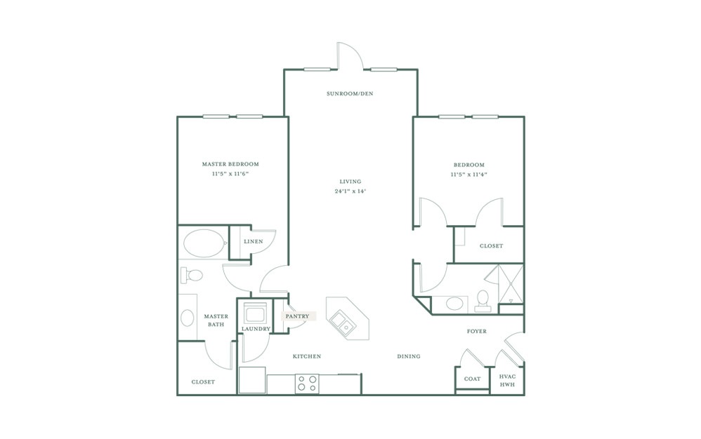 Pamlico - 2 bedroom floorplan layout with 2 baths and 1164 square feet.