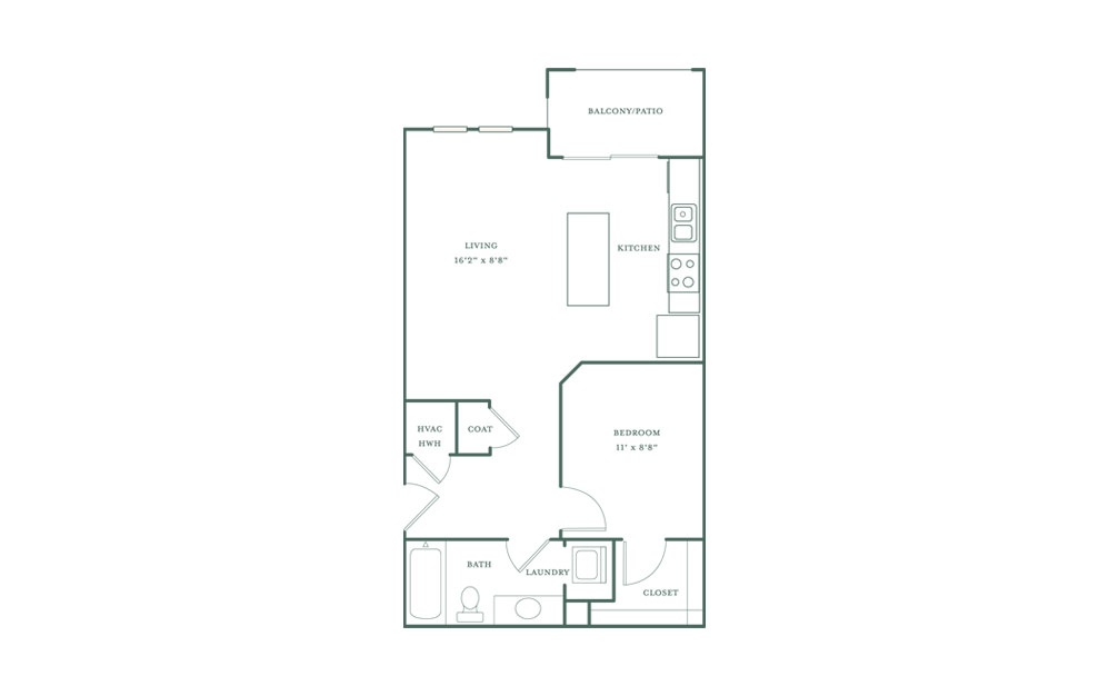 Rowan - Studio floorplan layout with 1 bath and 619 to 634 square feet.
